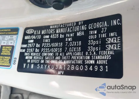 2011 Kia Sorento Ex z USA, uszkodzony, nr VIN 5XYKU3A12BG034931